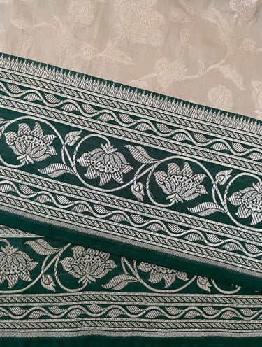 Banarasi Katan Silk Saree with Contrast Border | Cream & Dark Green | Handwoven | Silk Mark | Ships from California